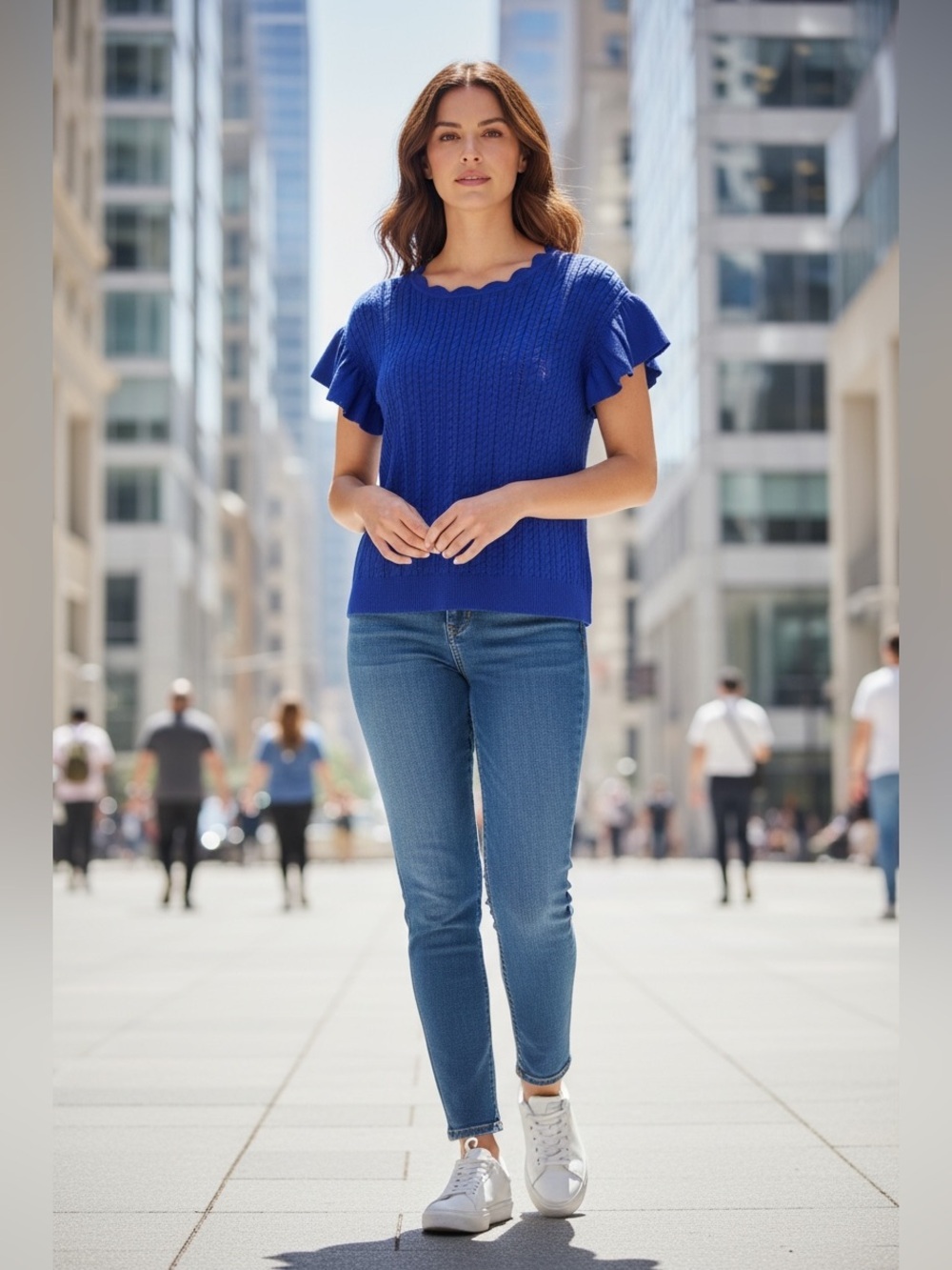 NEW, Cable & Gauge, XL, Knit Top Blue Scalloped Neck Flutter Sleeve